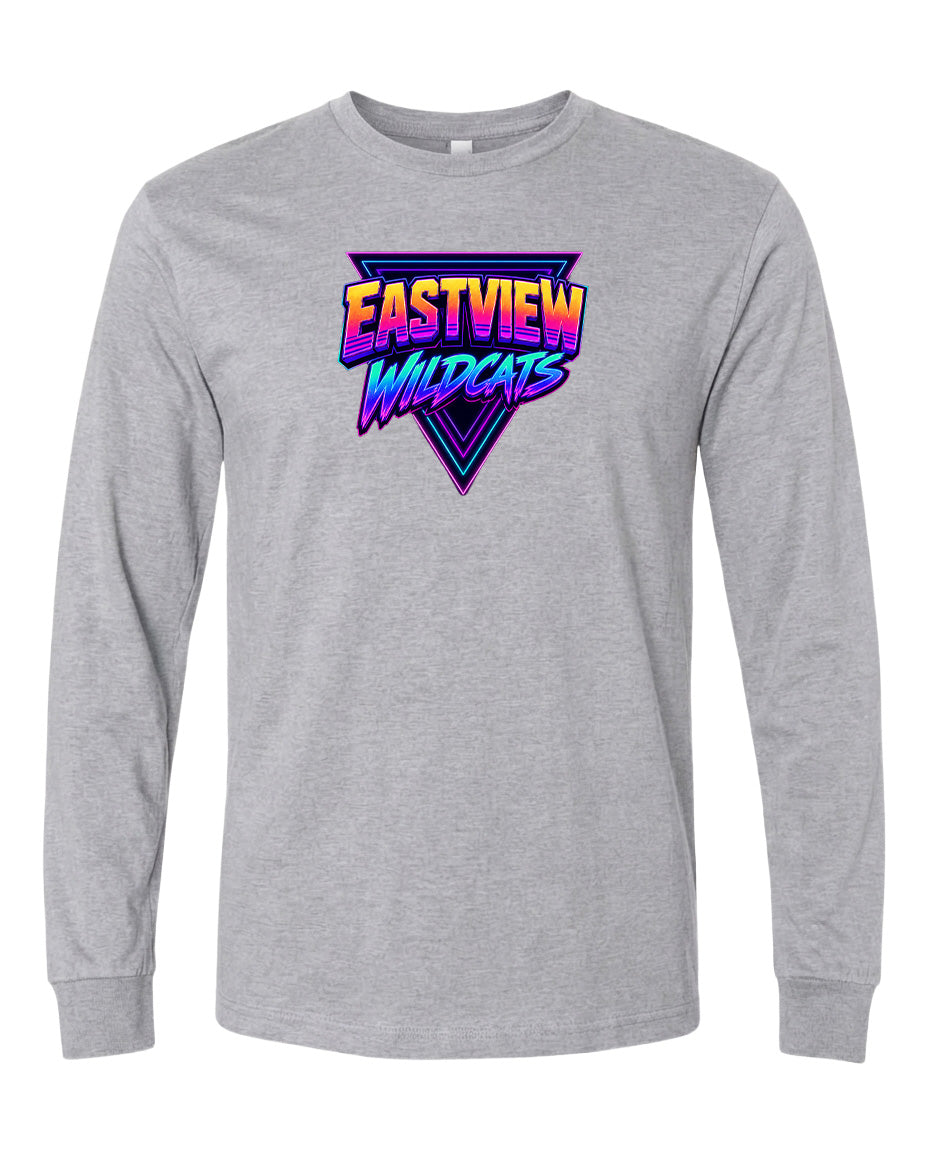 A gray long-sleeved t-shirt with a graphic design featuring the text "EASTVIEW WILDCATS" in a retro style.
