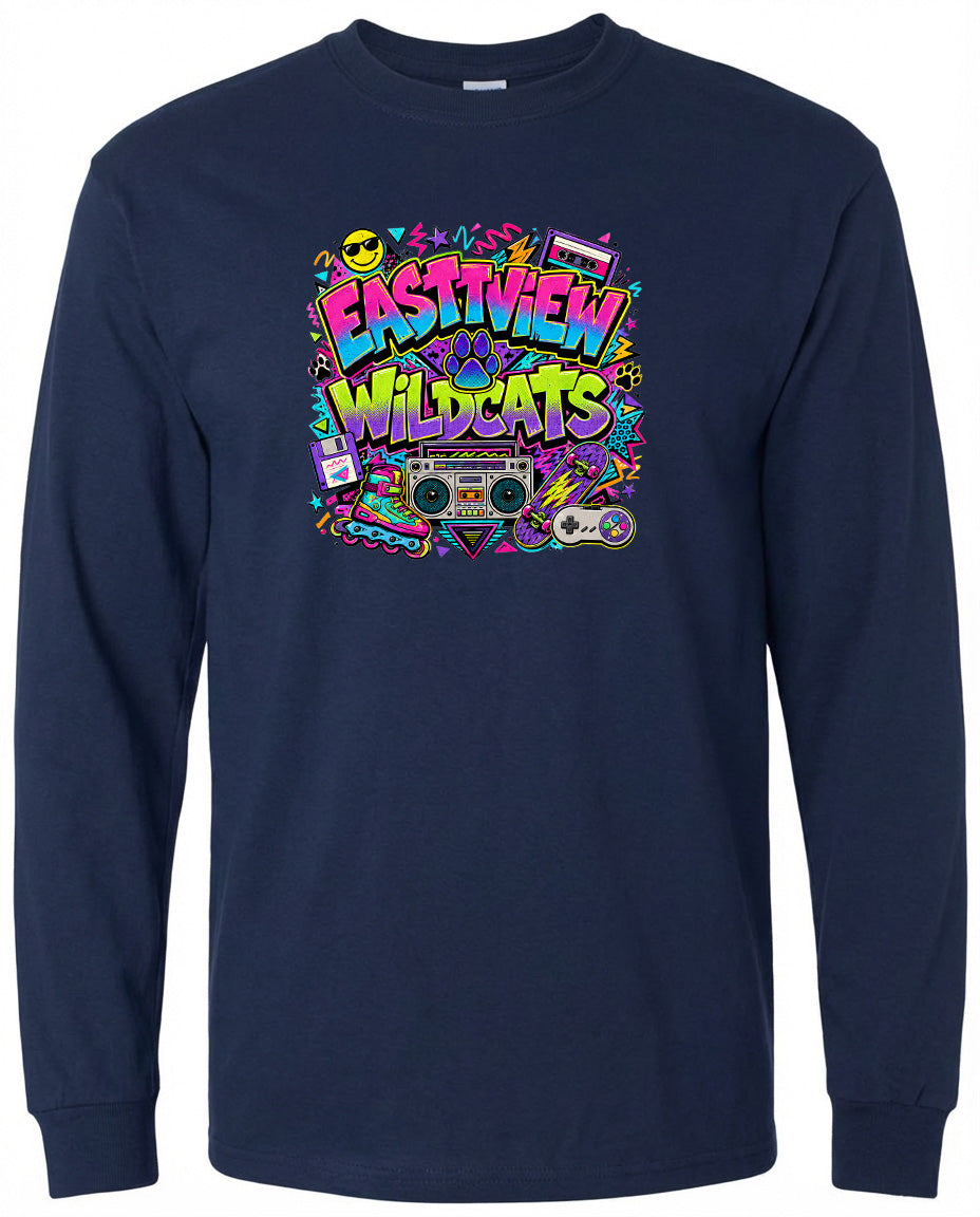 A navy blue long-sleeved t-shirt with a colorful graphic design featuring a boombox, a cassette tape, and various other retro-style elements.