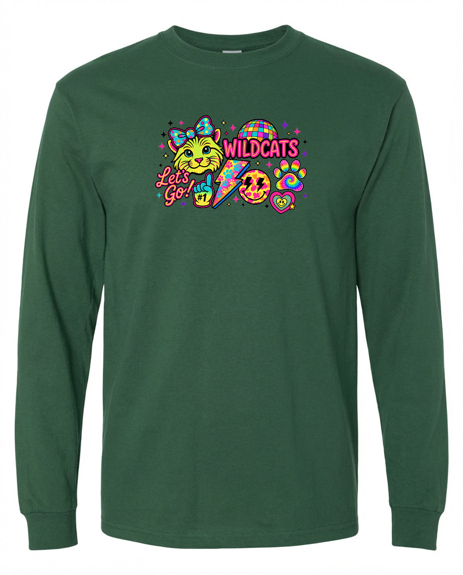 A green long-sleeved shirt with a colorful graphic design featuring a cat, a rainbow, and various other elements.