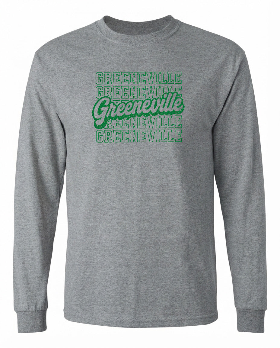 A gray long-sleeved t-shirt with the text "Greeneville" printed in green on it.