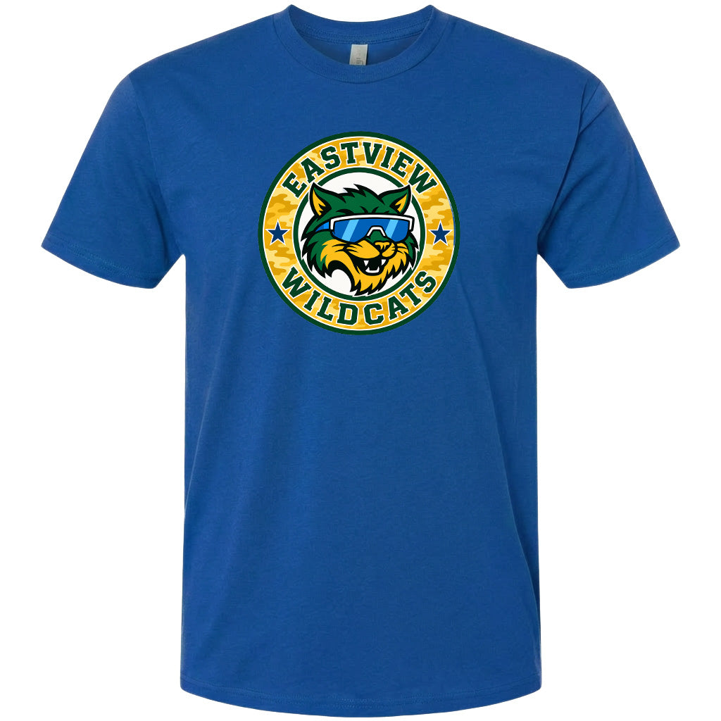 A blue t-shirt with a graphic design featuring a cartoon-style cat wearing sunglasses and the text "EASTVIEW WILDCATS" around it.