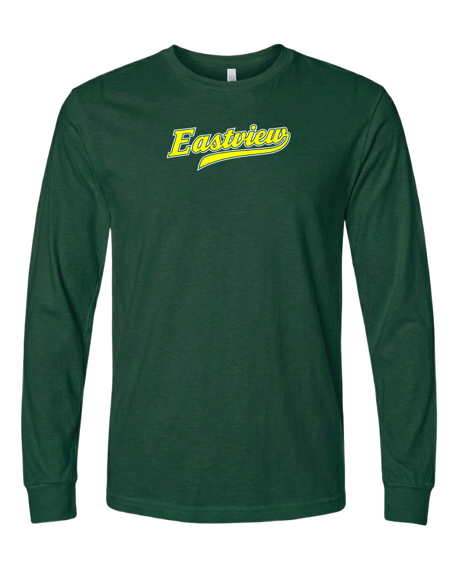 A dark green long-sleeved t-shirt with a yellow logo on the front.