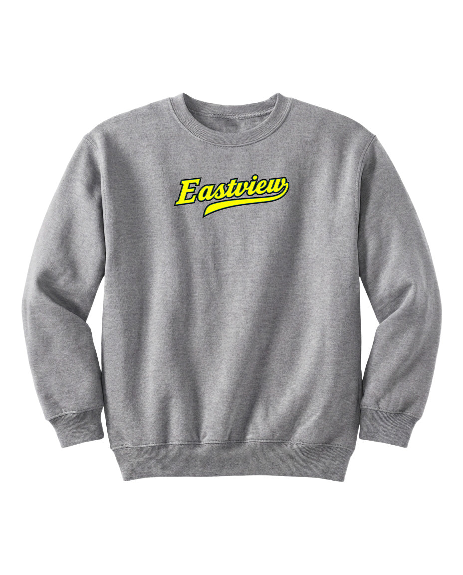 A gray sweatshirt with the word "Eastview" printed in yellow on the front.