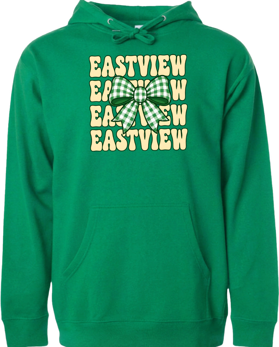 A green hoodie with a graphic design featuring a bow and the text "EASTVIEW" repeated in a vertical arrangement.