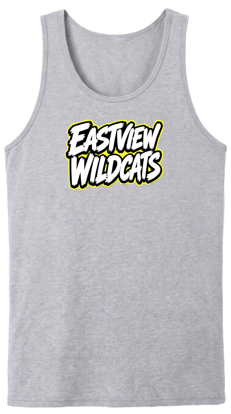 A gray tank top with the text "EASTVIEW WILDCATS" printed on it in a stylized font.