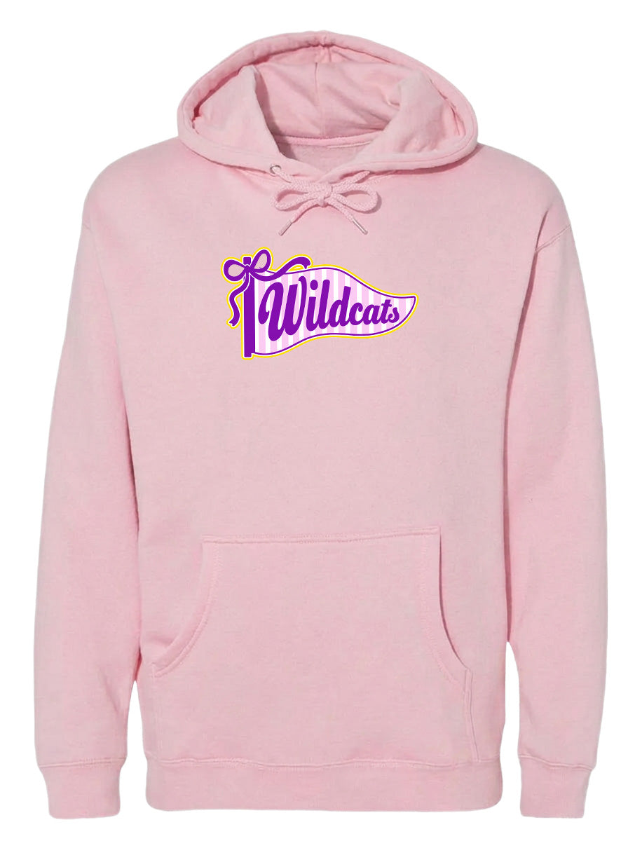 A pink hoodie with a graphic design featuring the text "Wildcats" in purple and yellow colors.