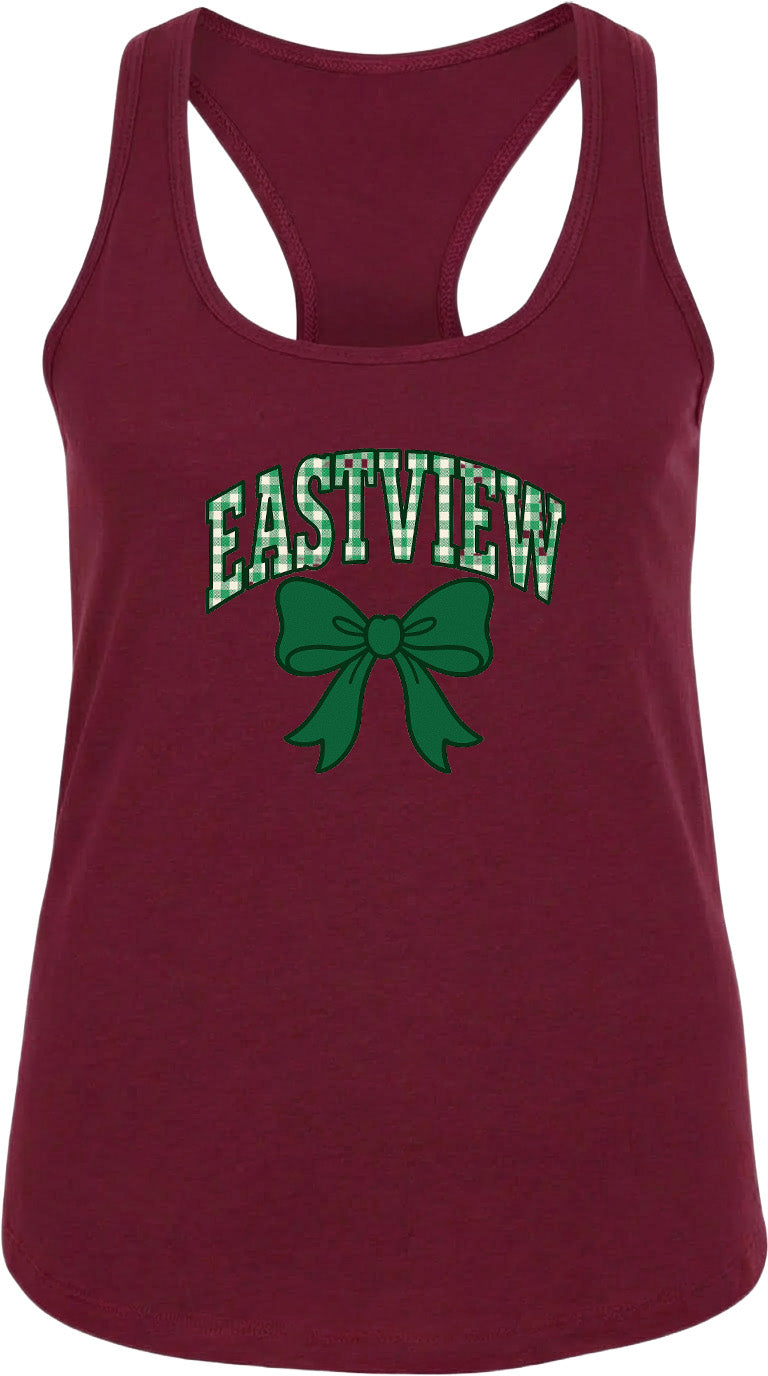 A burgundy tank top with the text "EASTVIEW" and a green bow graphic printed on it.