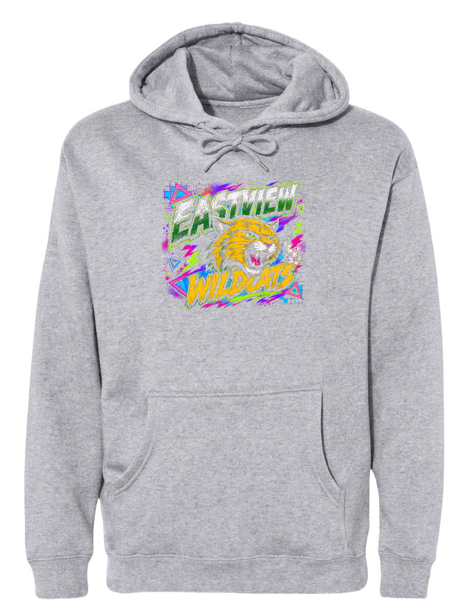 A gray hoodie with a graphic design featuring a tiger's head and the text "EASTVIEW WILD" printed on it.