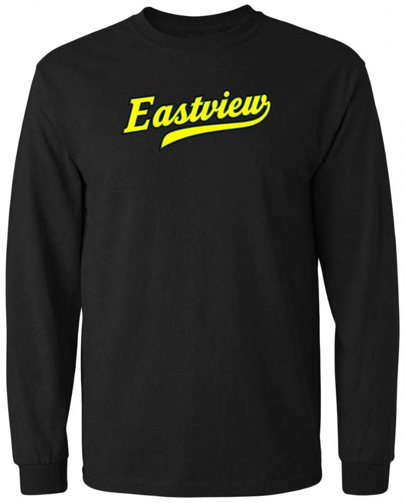 A black long-sleeved shirt with the word "Eastview" printed in yellow on the front.