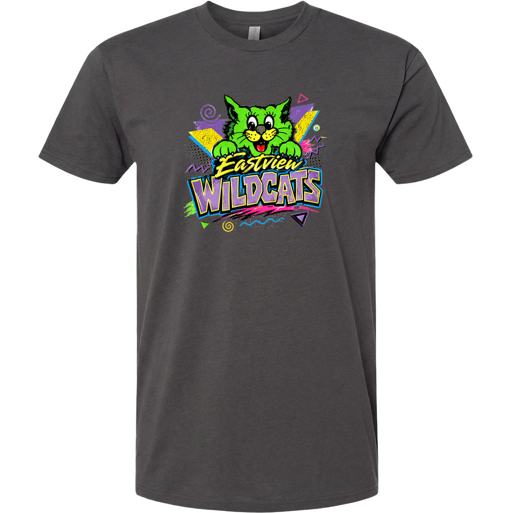 A gray t-shirt with a colorful graphic design featuring a cartoon cat and the text "Eastview Wildcats".