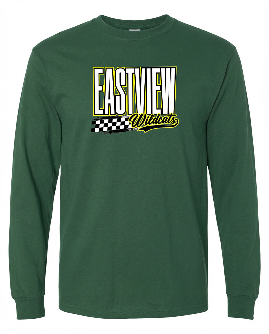 A green long-sleeved t-shirt with a graphic design featuring the text "EASTVIEW Wildcats" in yellow and white.