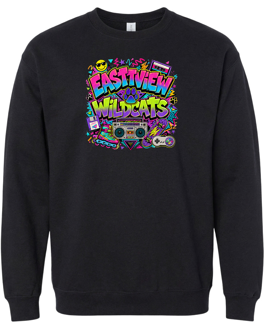 A black sweatshirt with a colorful graphic design featuring the text "EASTVIEW WILDCATS" surrounded by various icons and elements, such as a boombox, a video game controller, and a retro-style camera.