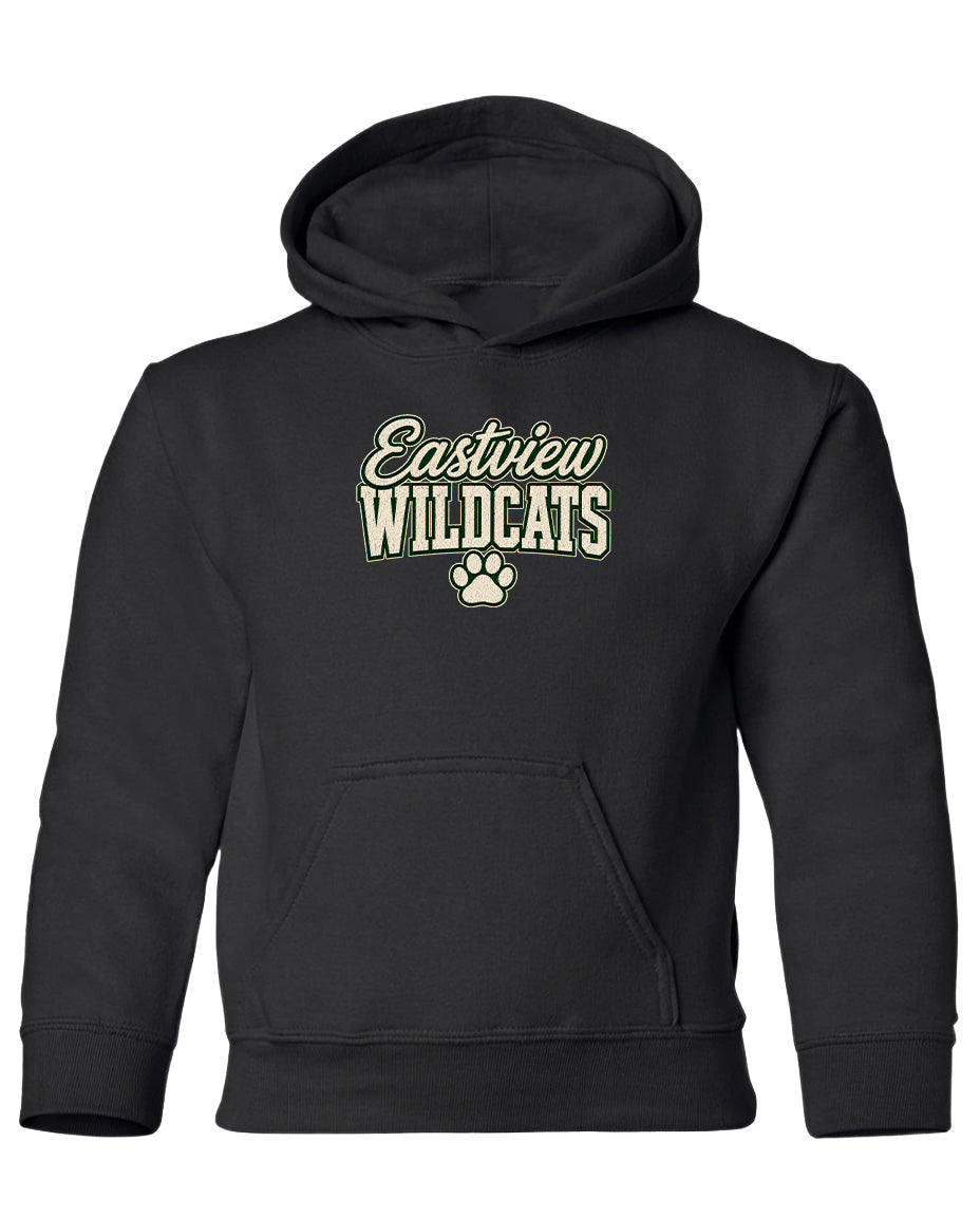 A black hooded sweatshirt with the text "Eastview Wildcats" printed on it.