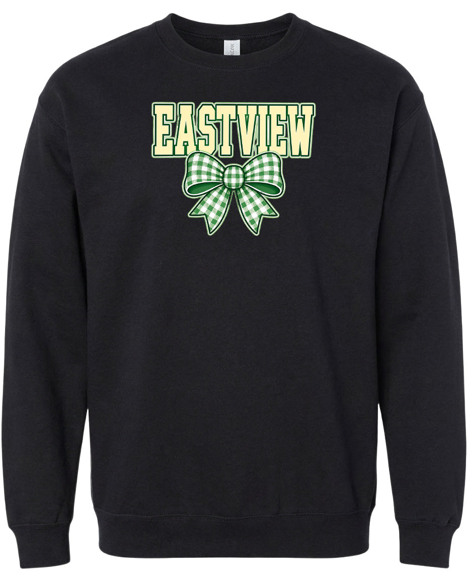 A black sweatshirt with a green and white bow on the front.