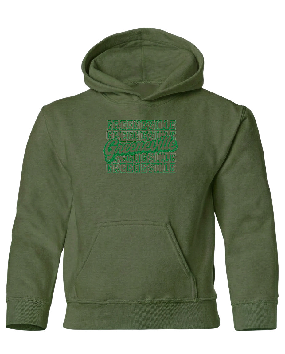 A green hoodie with the text "Greenville" printed on it.