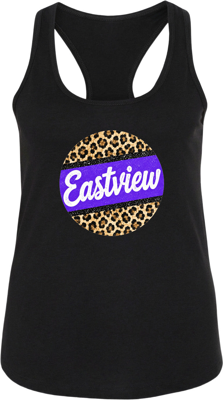 A black tank top with a leopard print design and the word "Eastview" printed on it.