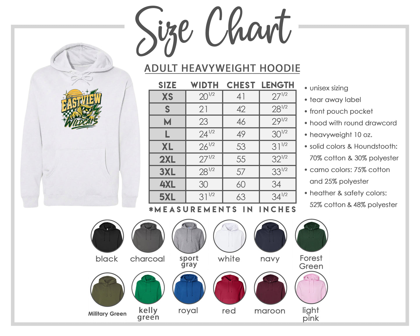 The image is a size chart for an adult heavyweight hoodie, including various color options and measurements in inches.
