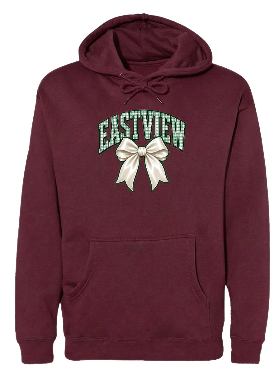 A burgundy-colored hoodie with a white bow and the word "EASTVIEW" printed on it.