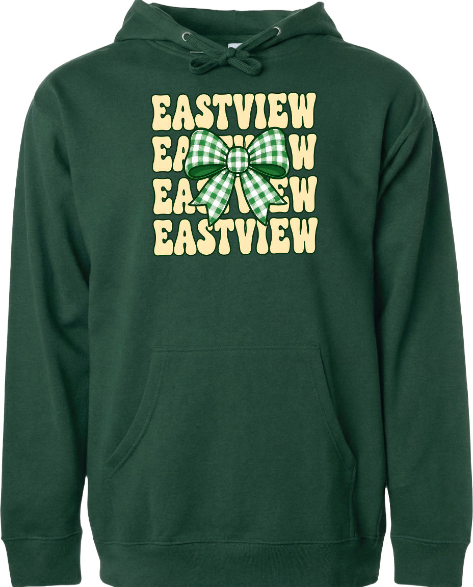 A green hoodie with a graphic design featuring a bow and the text "EASTVIEW" repeated multiple times.