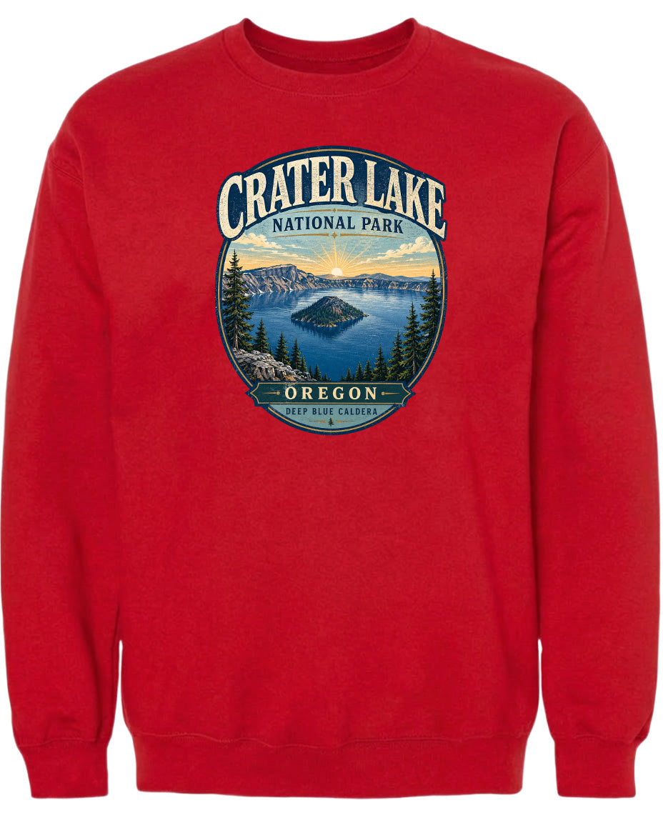 A red sweatshirt with a graphic design depicting Crater Lake National Park in Oregon.