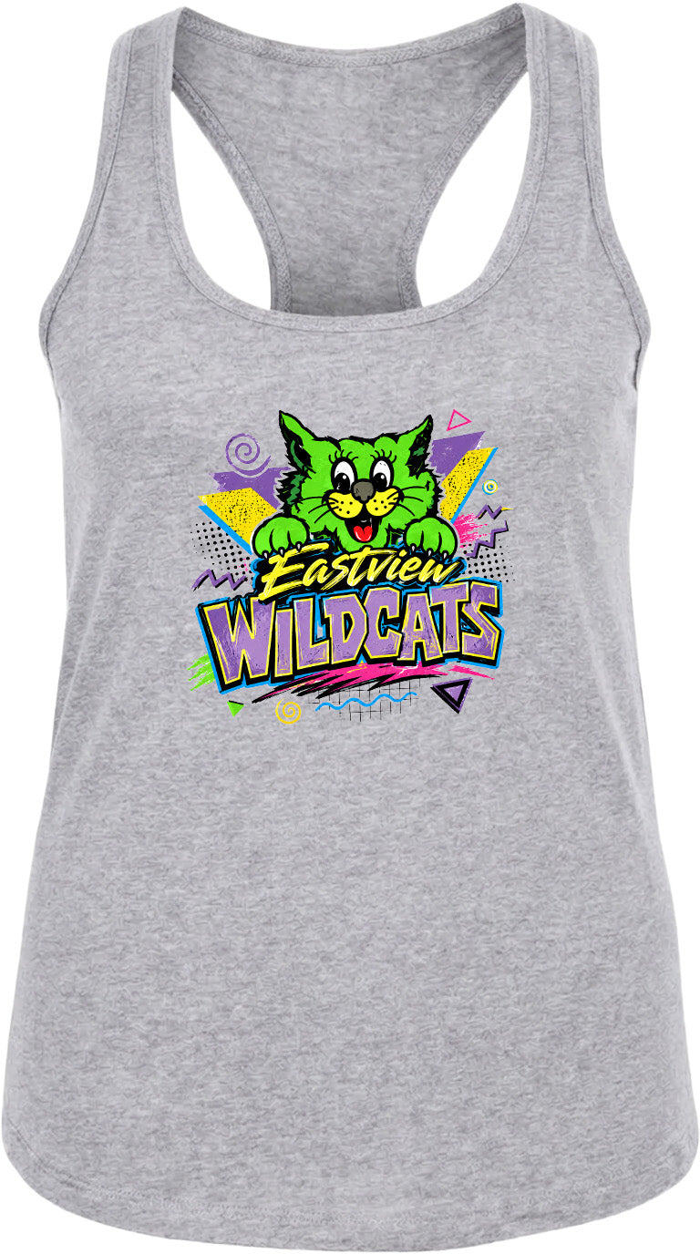 A gray tank top with a colorful graphic design featuring a cartoon cat and the text "Eastview Wildcats".