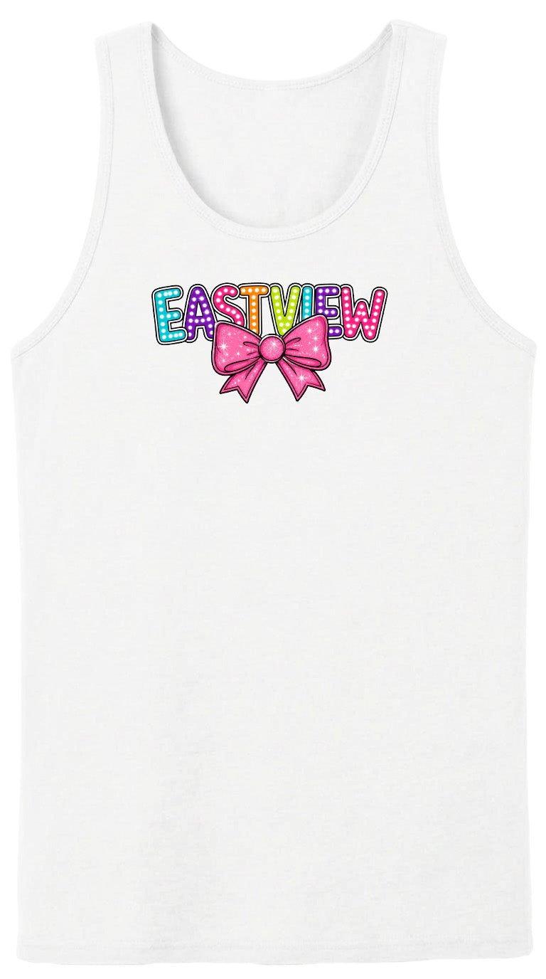 A white tank top with the word "EASTVIEW" written in colorful letters with a bow design.