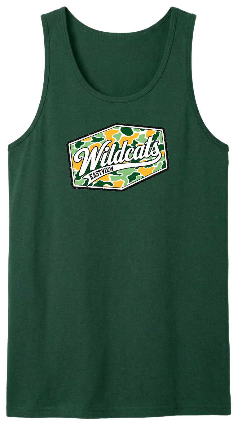 A green tank top with a graphic design featuring the text "Wildcats Easyview" and a camouflage pattern.
