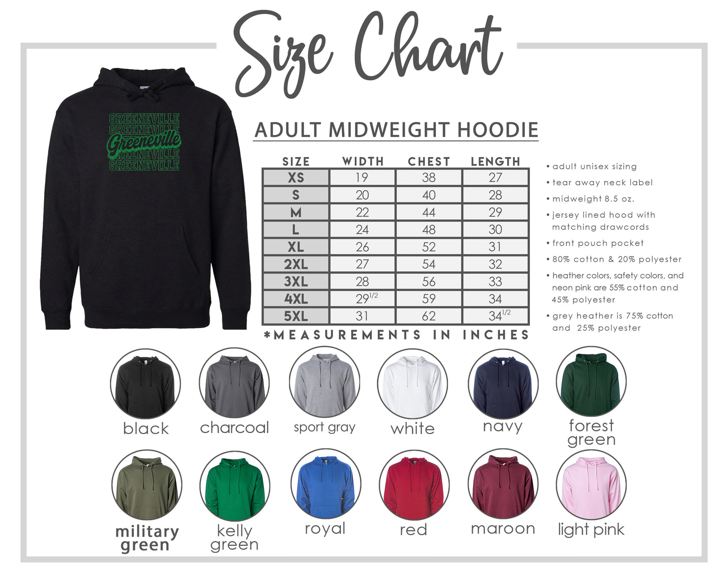 The image is a size chart for an adult midweight hoodie, including various color options and corresponding measurements in inches.