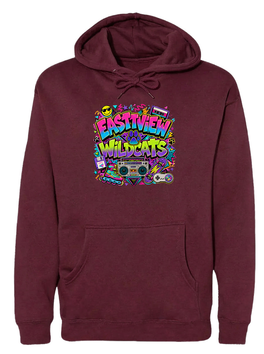 A burgundy hoodie with a colorful graphic design featuring a boombox, a cassette tape, and various other retro-style icons.