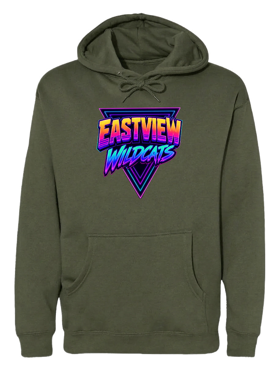 A green hoodie with a graphic design featuring the text "EASTVIEW WILDCATS" in a colorful, retro-style font.