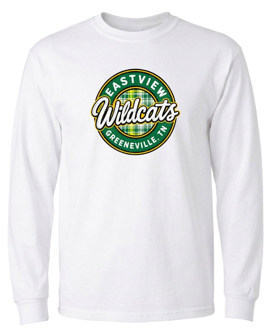 A white long-sleeved t-shirt with a circular logo on the front. The logo features the text "EASTVIEW Wildcats Greeneville- TN" in a stylized font.