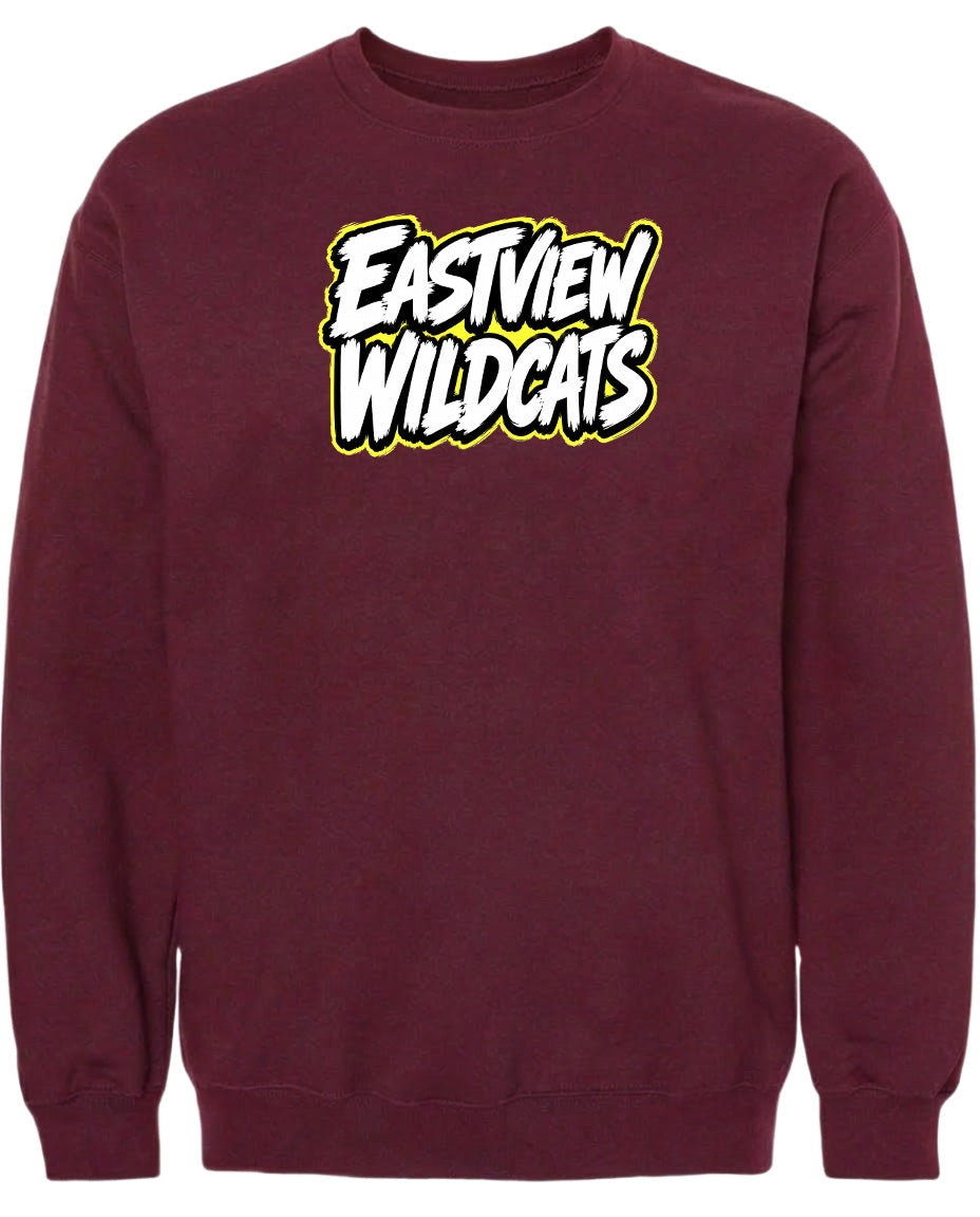 A burgundy-colored sweatshirt with the text "EASTVIEW WILDCATS" printed on it in white and yellow lettering.