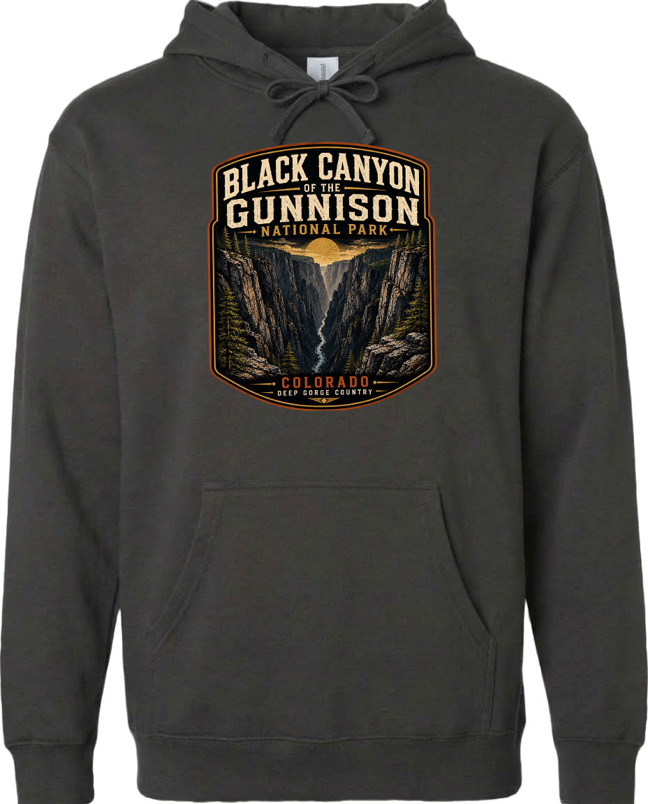 A hoodie with a graphic design depicting the Black Canyon of the Gunnison National Park in Colorado.