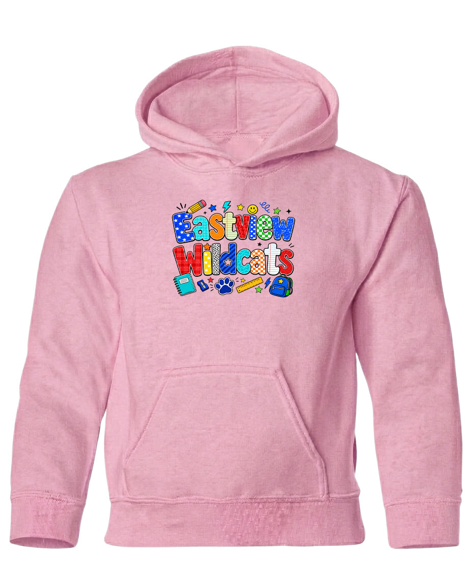 A pink hoodie with a colorful graphic design on the front, featuring the text "Eastway Wildcats" in a playful font.