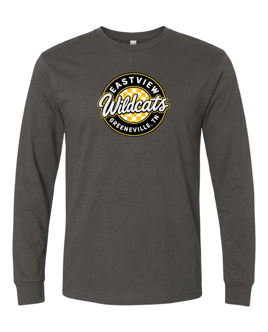 A gray long-sleeved t-shirt with a circular logo on the front.