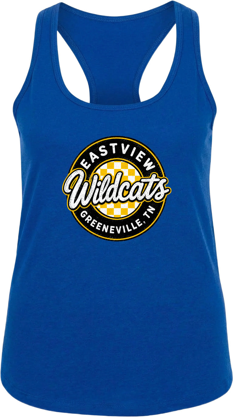 A blue tank top with a graphic design featuring the text "EASTVIEW Wildcats Greeneville, TN" in a circular pattern.