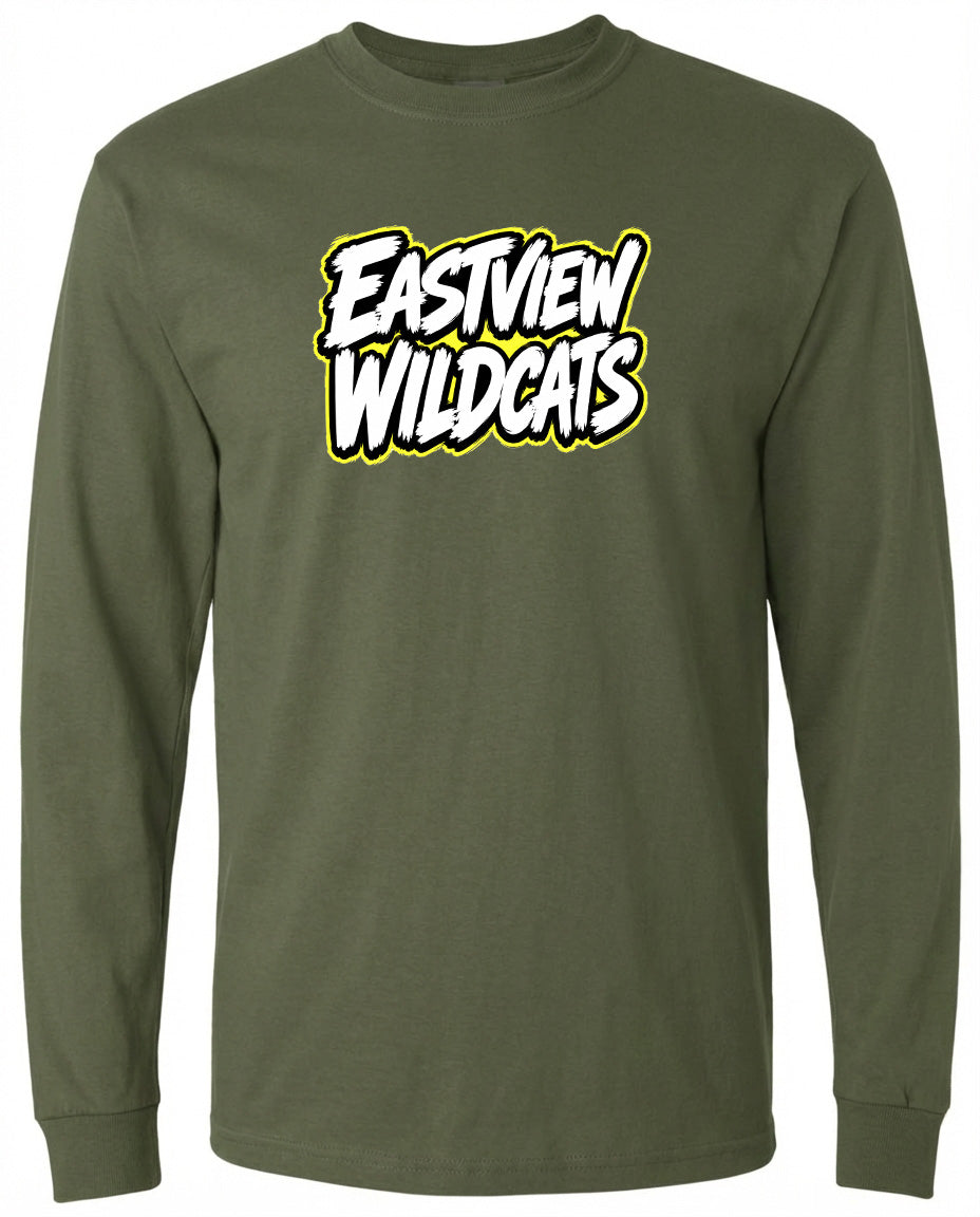 A long-sleeved olive green t-shirt with a bold, stylized text logo printed on it.