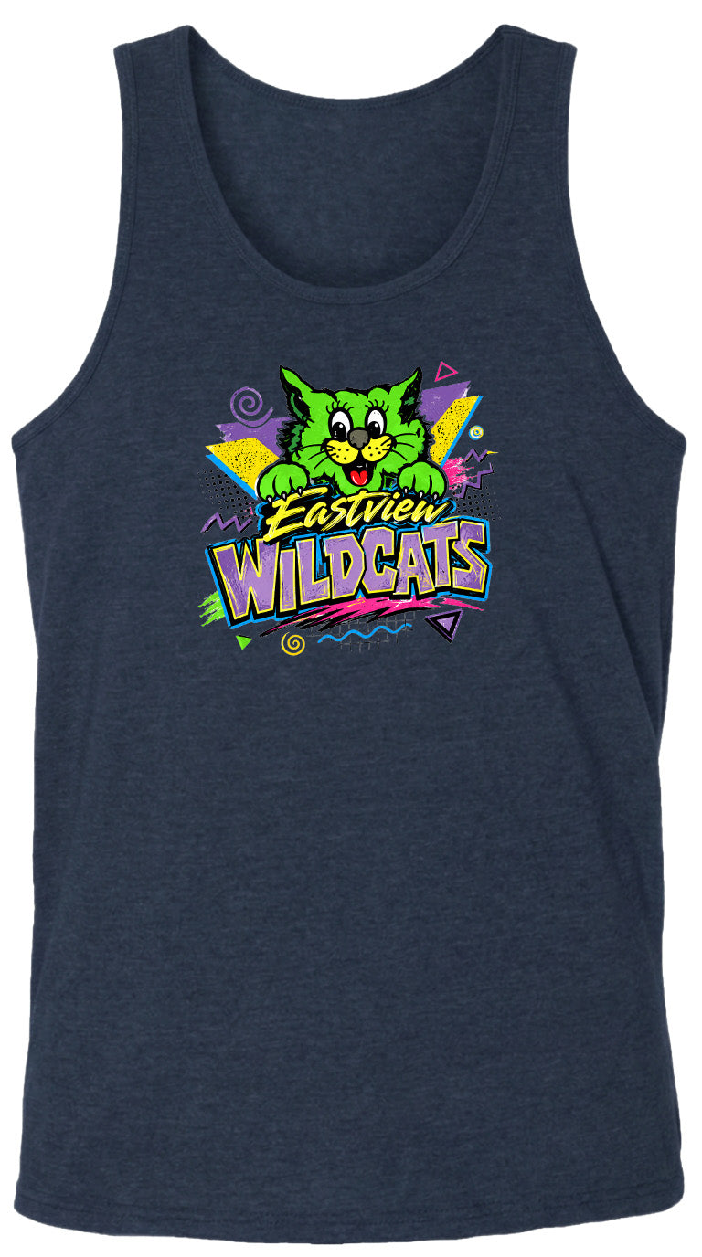 A navy blue tank top with a colorful graphic design featuring a cartoon cat and the text "Eastview Wildcats".