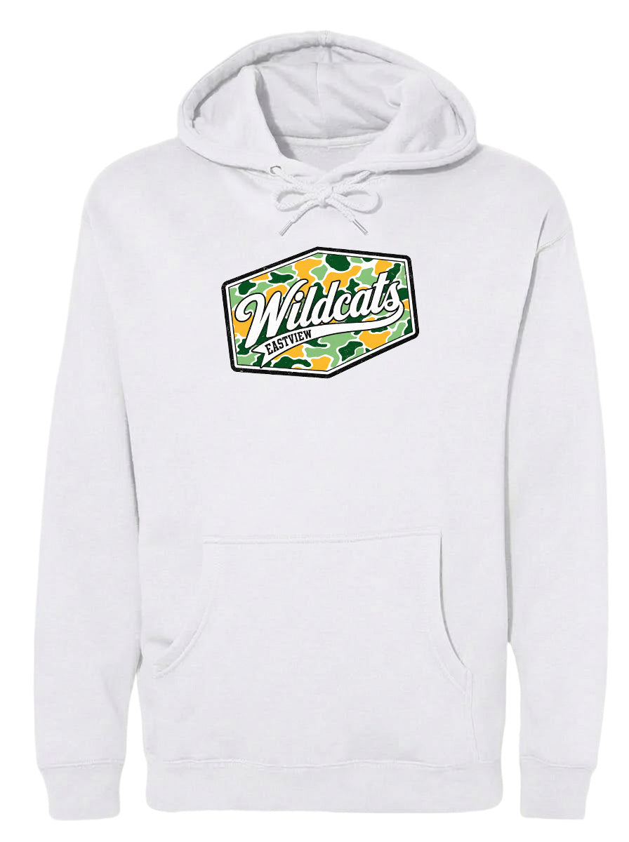A white hoodie with a graphic design on the front.