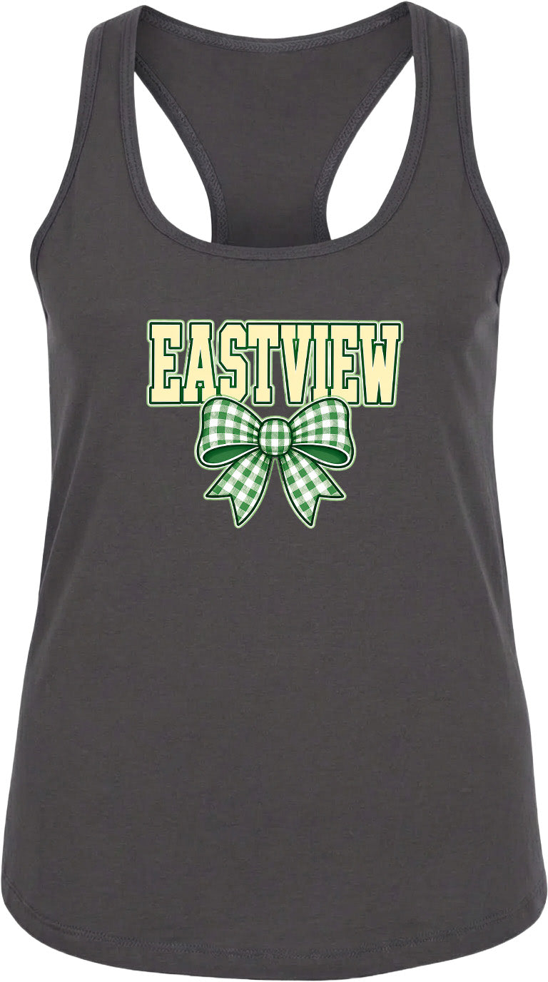 A gray tank top with the word "EASTVIEW" and a green bow printed on it.