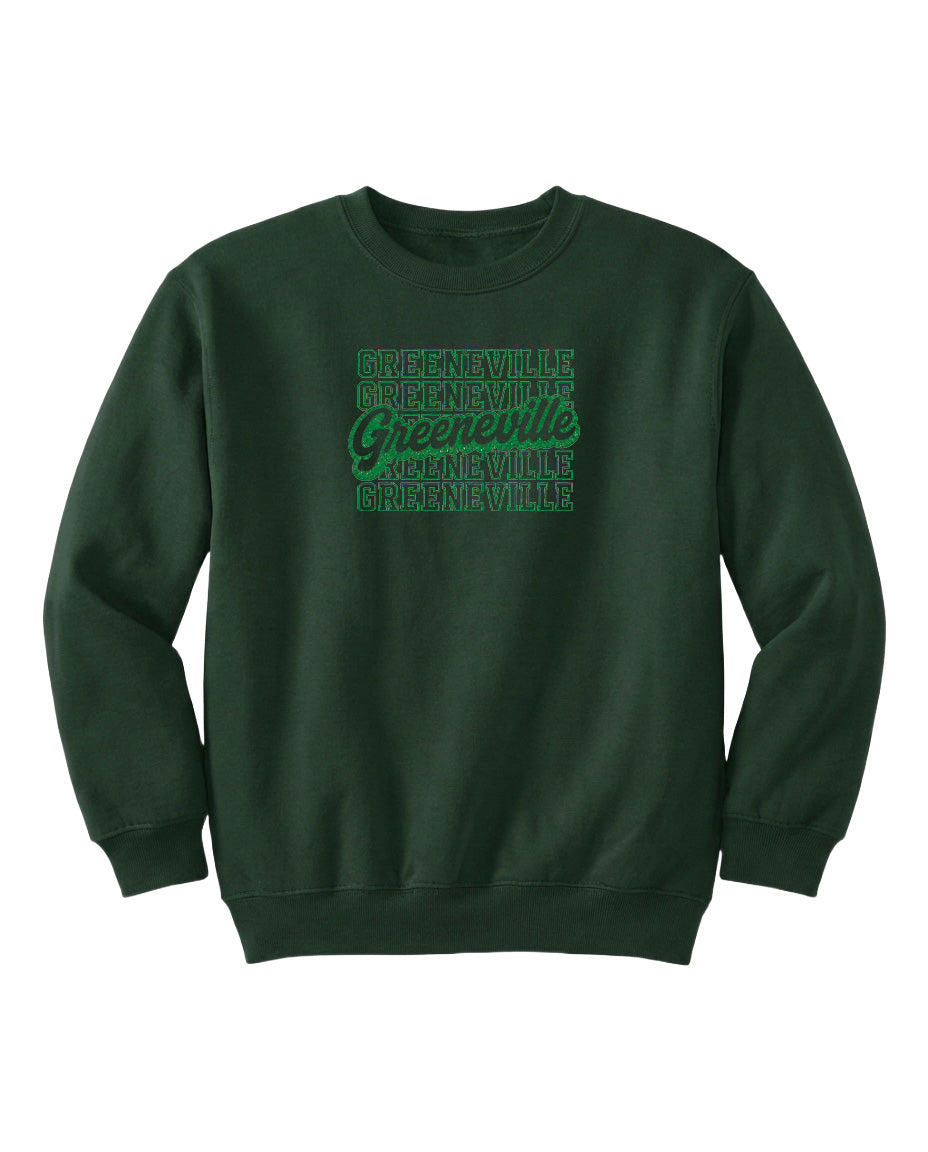 A dark green sweatshirt with the text "Greenville" printed in a stylized font across the front.