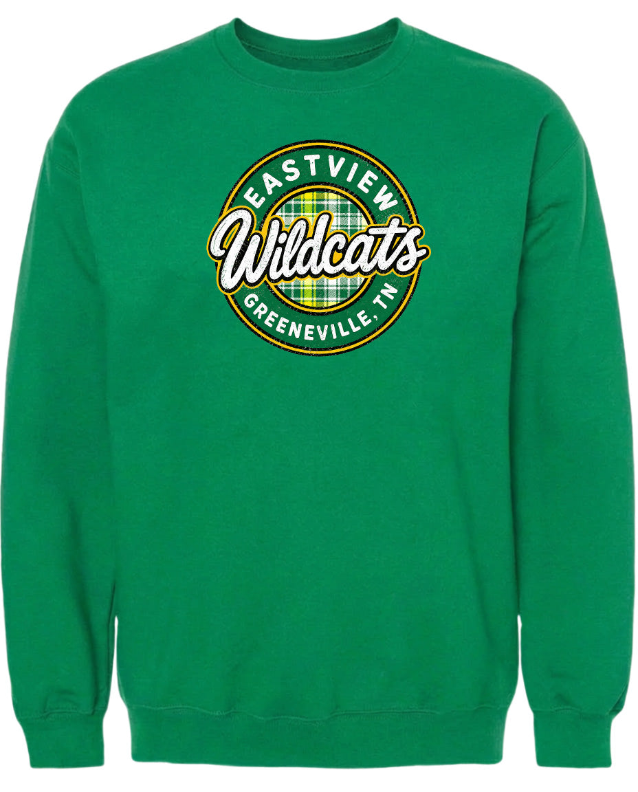 A bright green sweatshirt with a circular logo on the front.