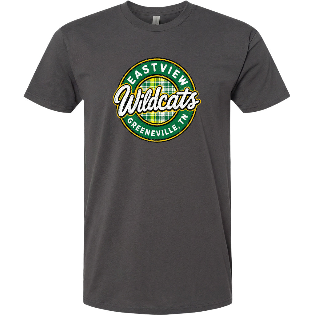 A gray t-shirt with a circular logo that says "EASTVIEW Wildcats Greeneville, TN".