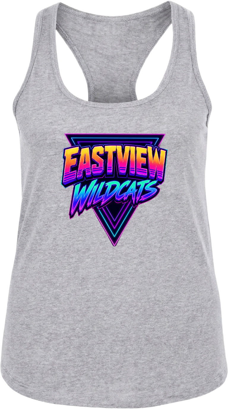 A gray tank top with a graphic design featuring the text "EASTVIEW WILDCATS" in a retro, neon-style font.