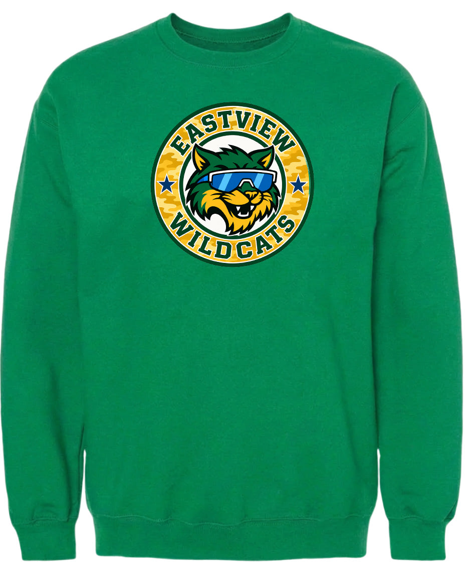 A green sweatshirt with a logo of a cat wearing sunglasses and the text "EASTVIEW WILDCATS" printed on it.
