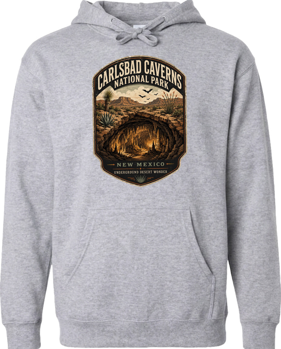 A gray hoodie with a graphic design depicting the Carlsbad Caverns National Park in New Mexico.
