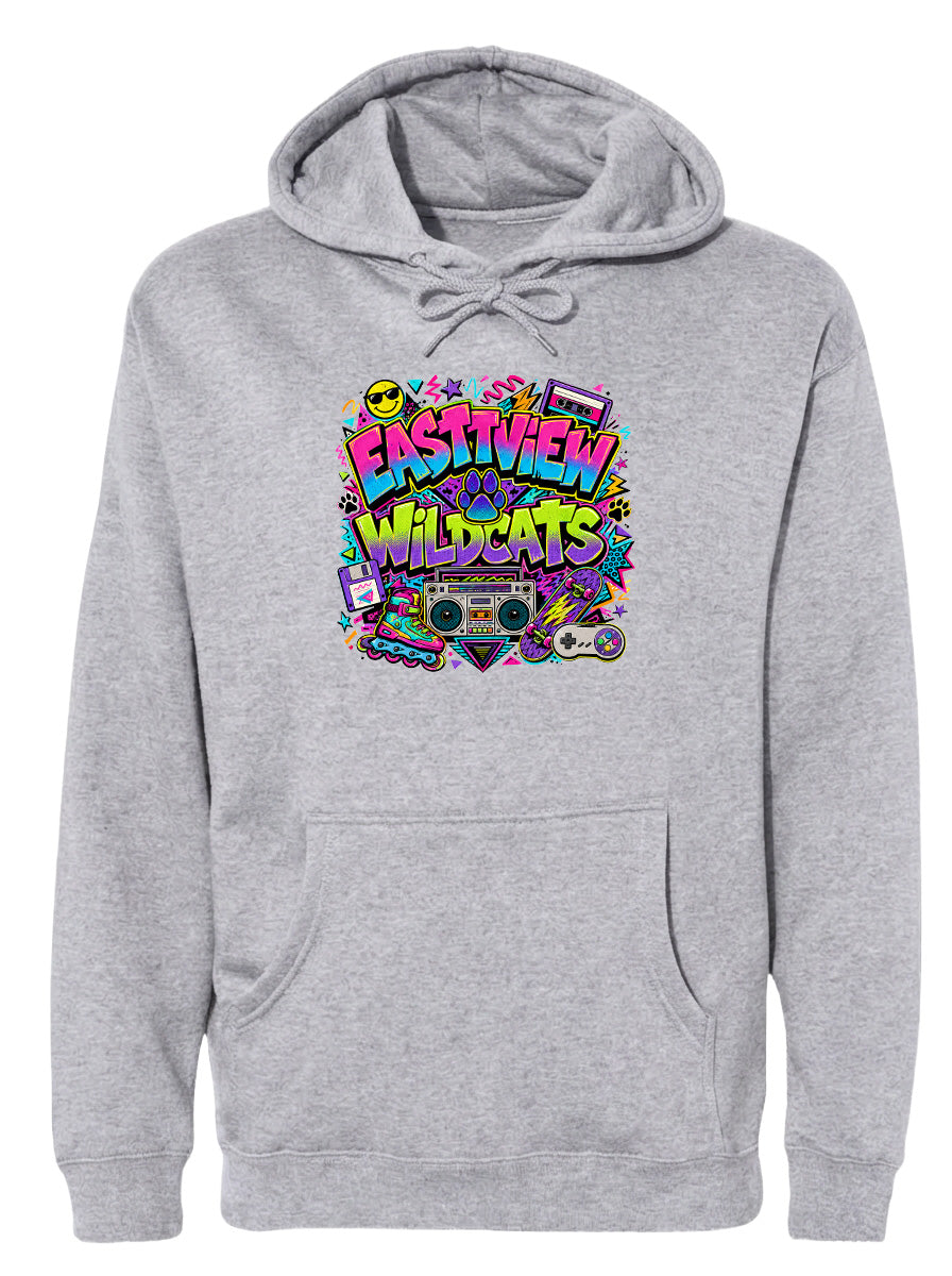 A gray hoodie with a colorful graphic design featuring a boombox, sunglasses, and other retro-style icons.