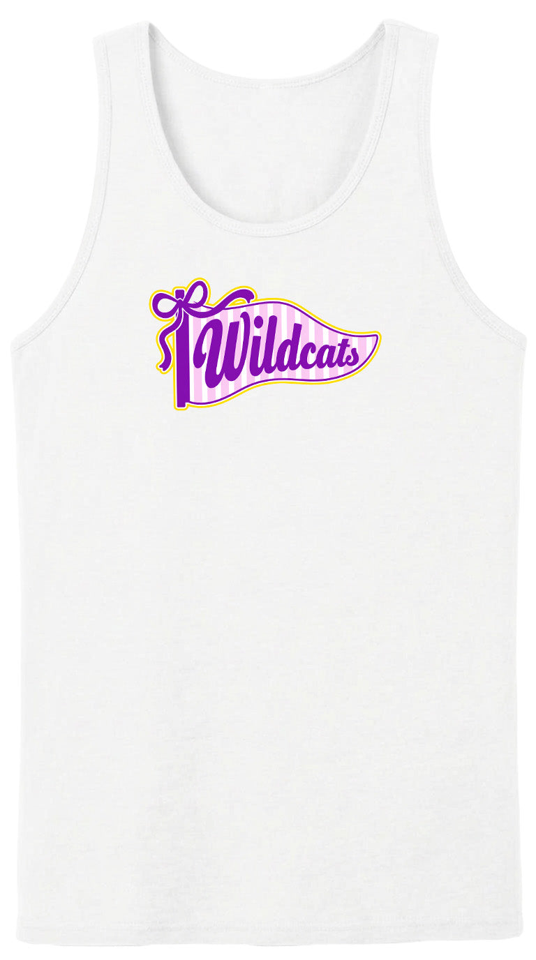 A white tank top with a purple and yellow graphic design featuring the text "Wildcats" on it.