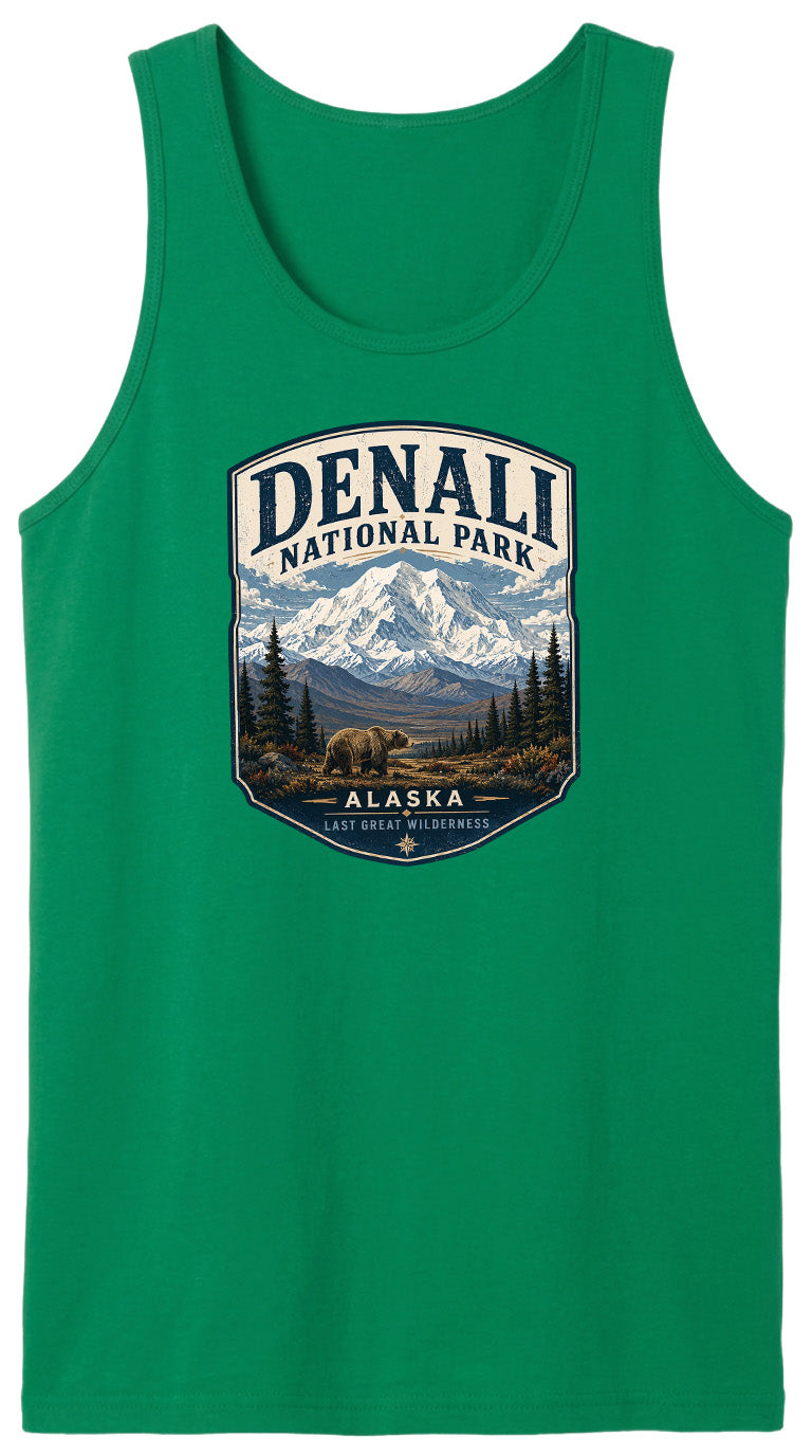 A green tank top with a graphic design depicting Denali National Park in Alaska, featuring a bear and mountains in the background.
