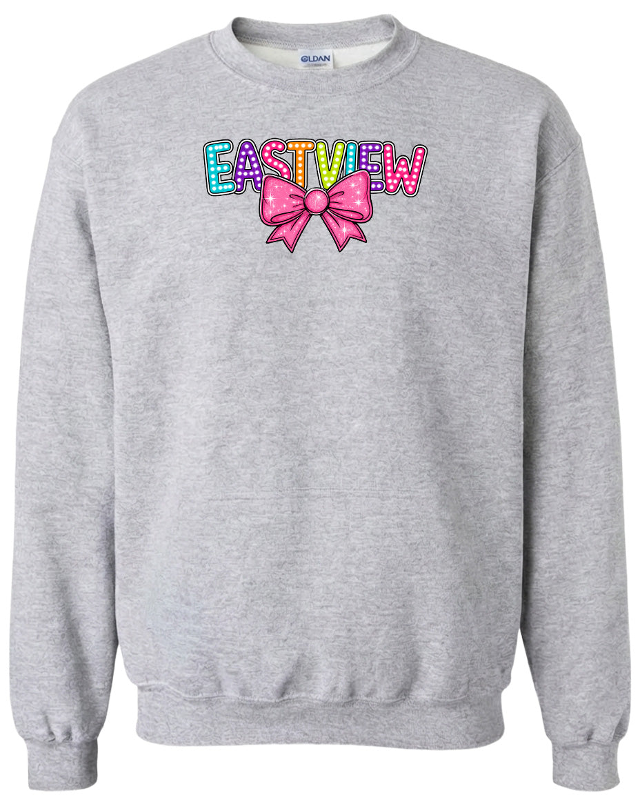 A gray sweatshirt with a colorful bow and the word "EASTVIEW" printed on it.